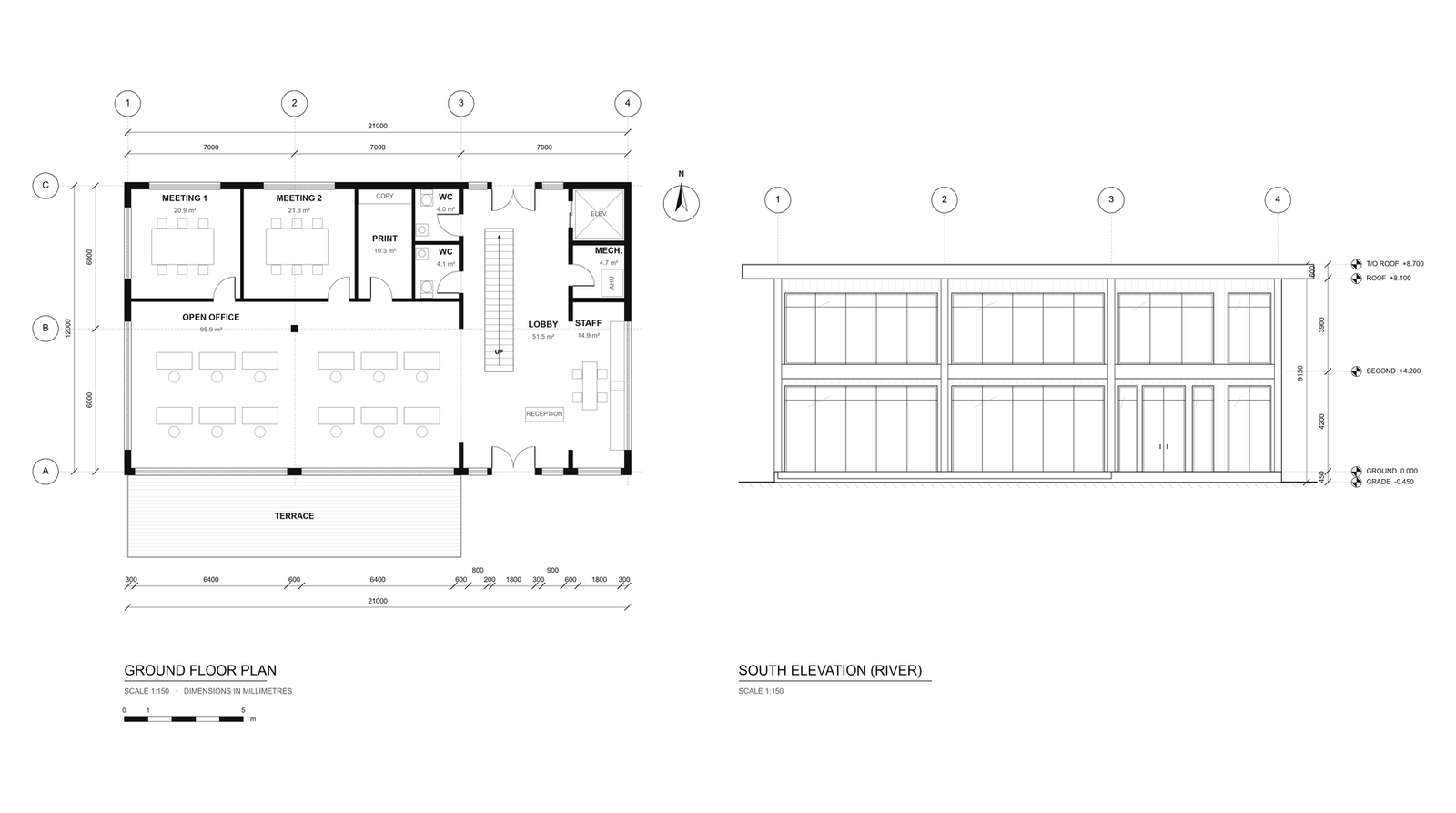 Commercial office plan and elevation
