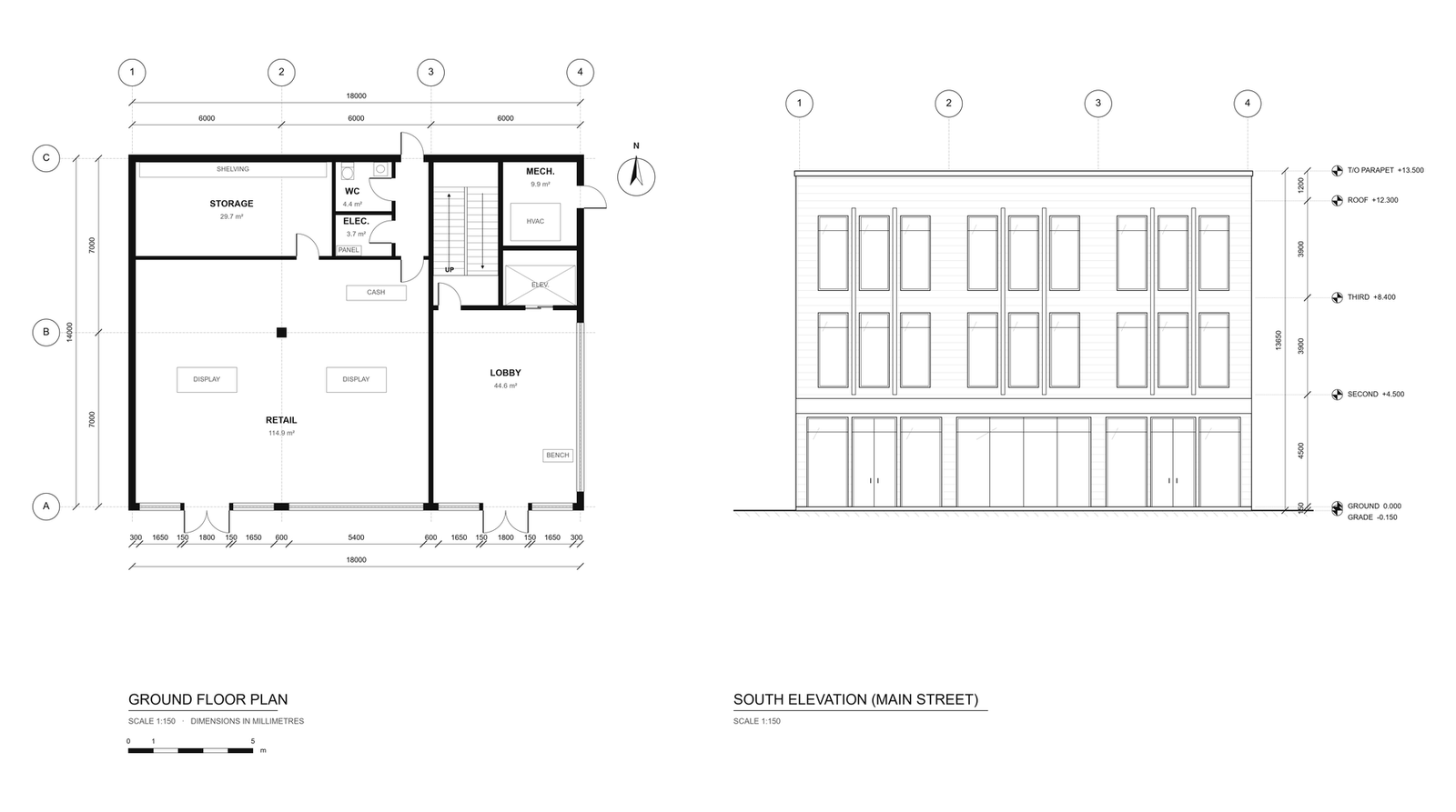 Mixed-use commercial plan and elevation